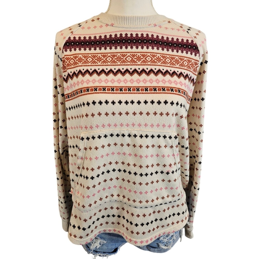 Cuddl Duds Womens Large Cream Fair Isle Raglan Sleeve Kangaroo Pocket Sweatshirt